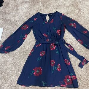 Express XS x small Floral Navy Long-Sleeve Tie-Waist Dress